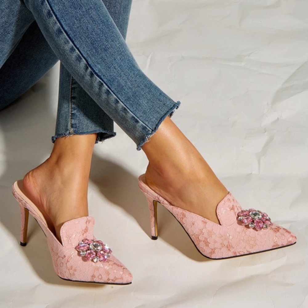 NEW EMERY ROSE Rhinestone Decor Stiletto Heeled Mules Size: 6